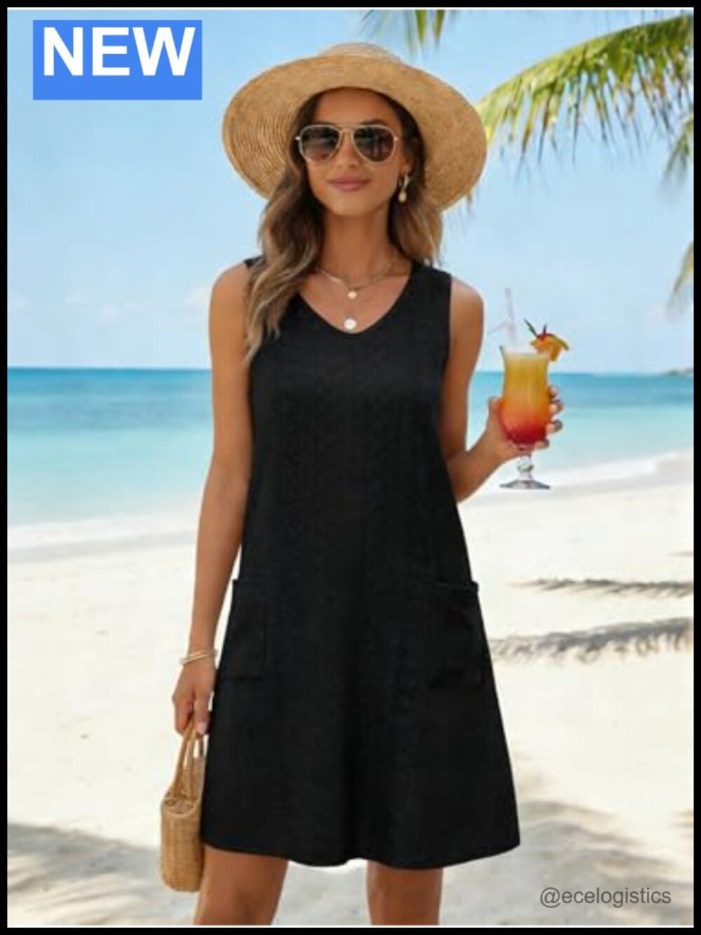 Women's Eyelet Sleeveless Sundress Swim Cover Up with Pockets, A-Line - Picture 2 of 6